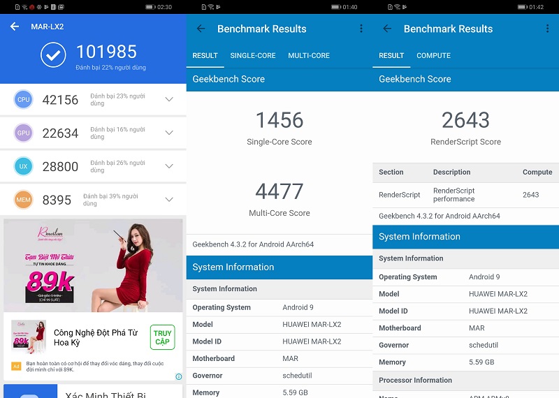 Điểm Antutu Benchmark của điện thoại Huawei P30 Lite chính hãng