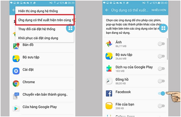 Chọn tắt các ứng dụng cho phép thông báo lớp phủ màn hình