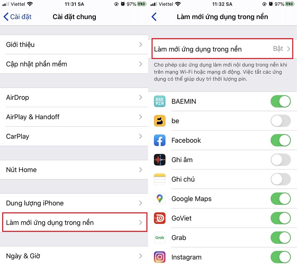 Làm mới ứng dụng trong nền Xiaomi