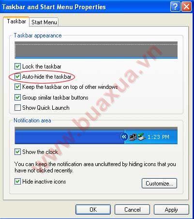 Taskbar and Start Menu Properties > Auto-hide the Taskbar Cách lấy lại thanh công cụ trên Win 10
