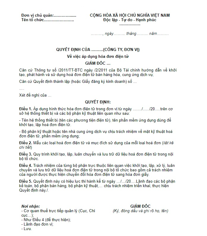 Mẫu số 1: Quyết định sử dụng hóa đơn điện tử.