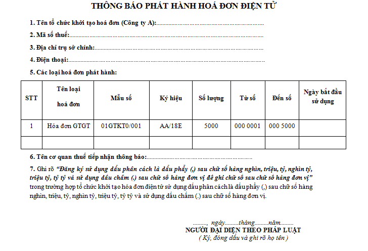 Mẫu số 2: Thông báo phát hành hóa đơn điện tử.