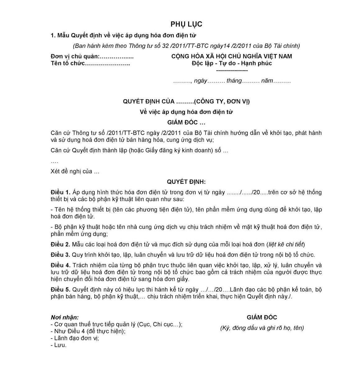 Mẫu  01: Mẫu Quyết định về việc áp dụng hóa đơn điện tử