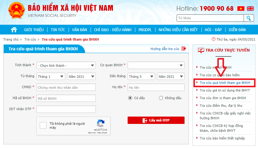 Khi giao diện “Tra cứu trực tuyến” mở ra nhấn chọn mục “Tra cứu quá trình tham gia BHXH”.