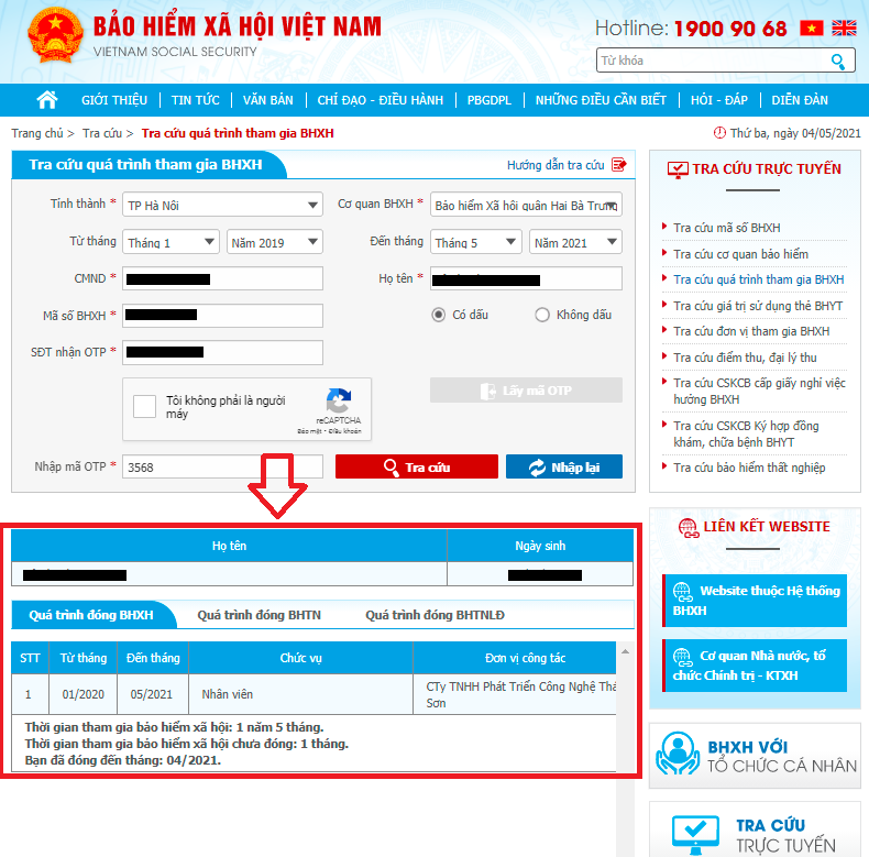 Kết quả tra cứu quá trình tham gia BHXH trực tuyến được trả về .