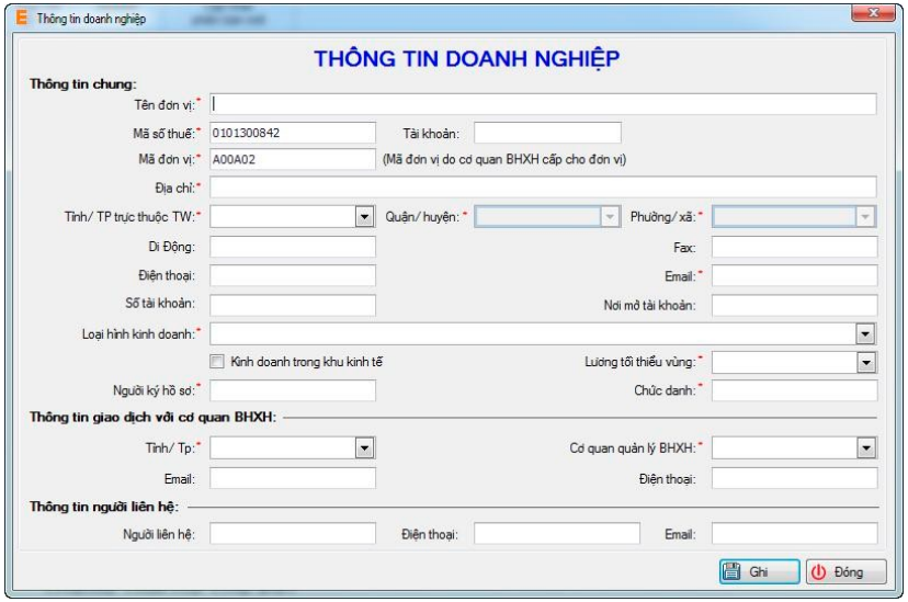 Hướng dẫn tải và cài đặt phần mềm bảo hiểm xã hội eBH Giao diện thông tin doanh nghiệp.