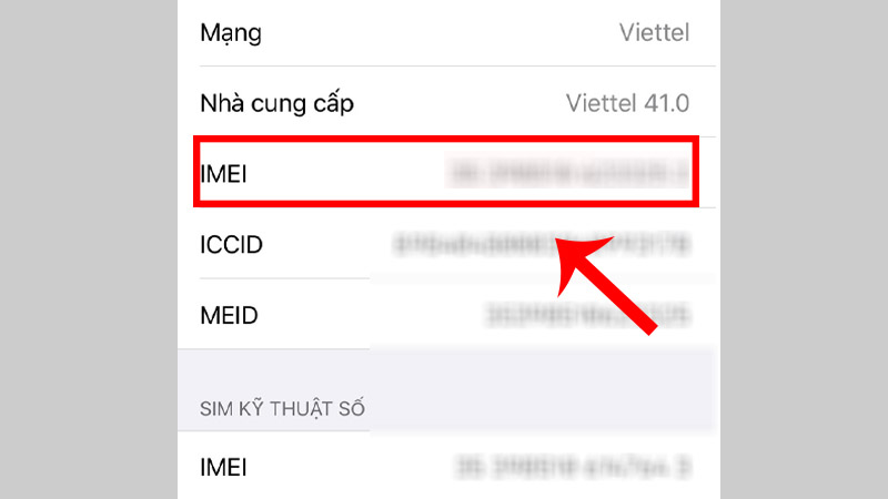 Bước 2: Khi bạn kéo xuống phần IMEI. Tại đây bạn sẽ xem được số IMEI của mình